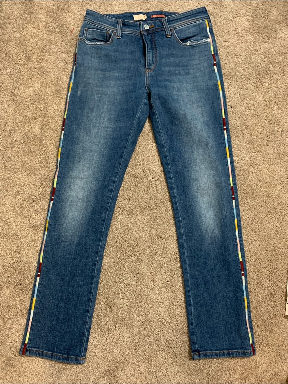 Anthropologie Pilcro Slim Boyfriend Crop Embroidered Boho Side Stripes Jeans 27